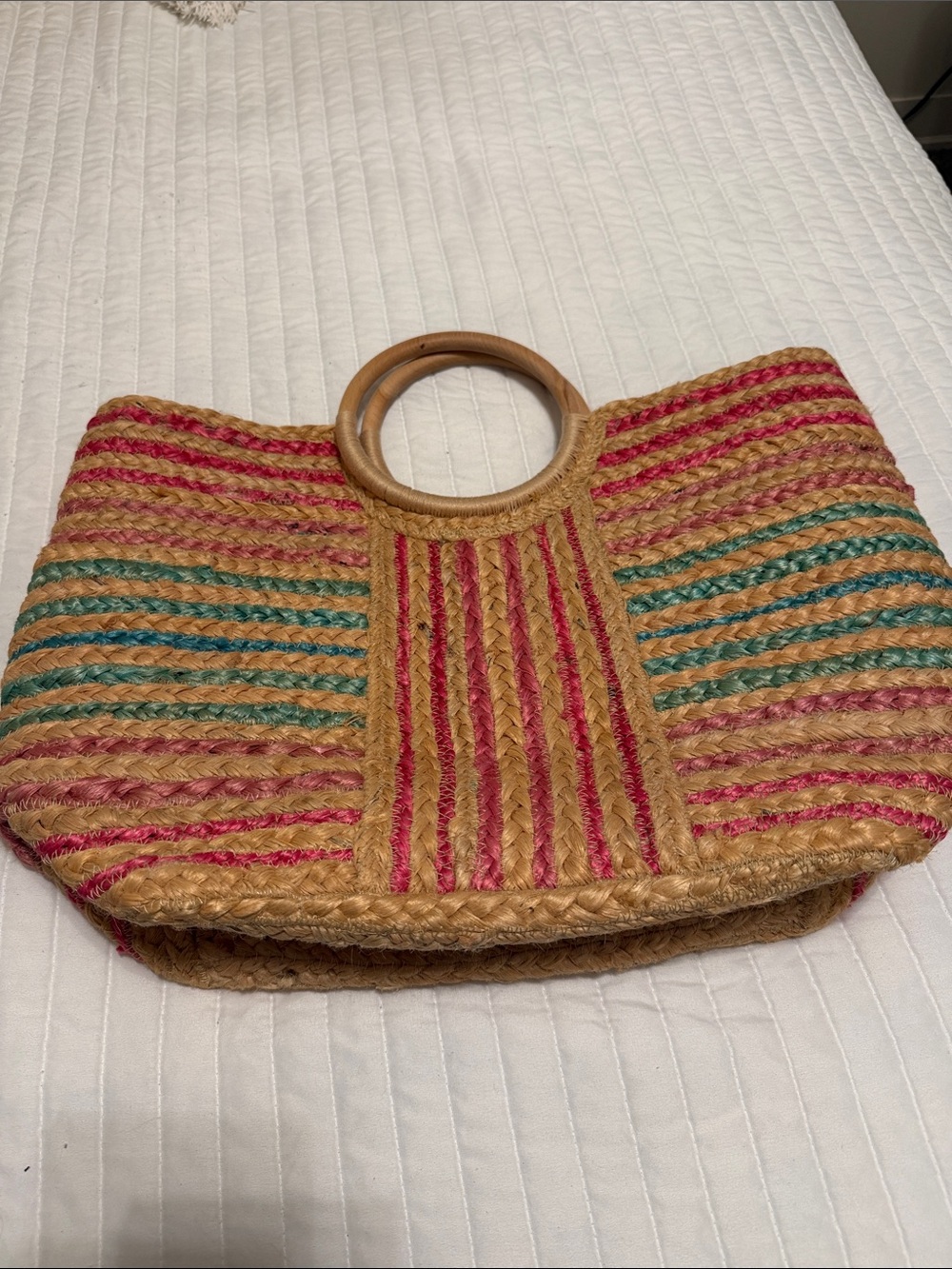 Antik Kraft Straw Tote with Pink and Teal Stripes